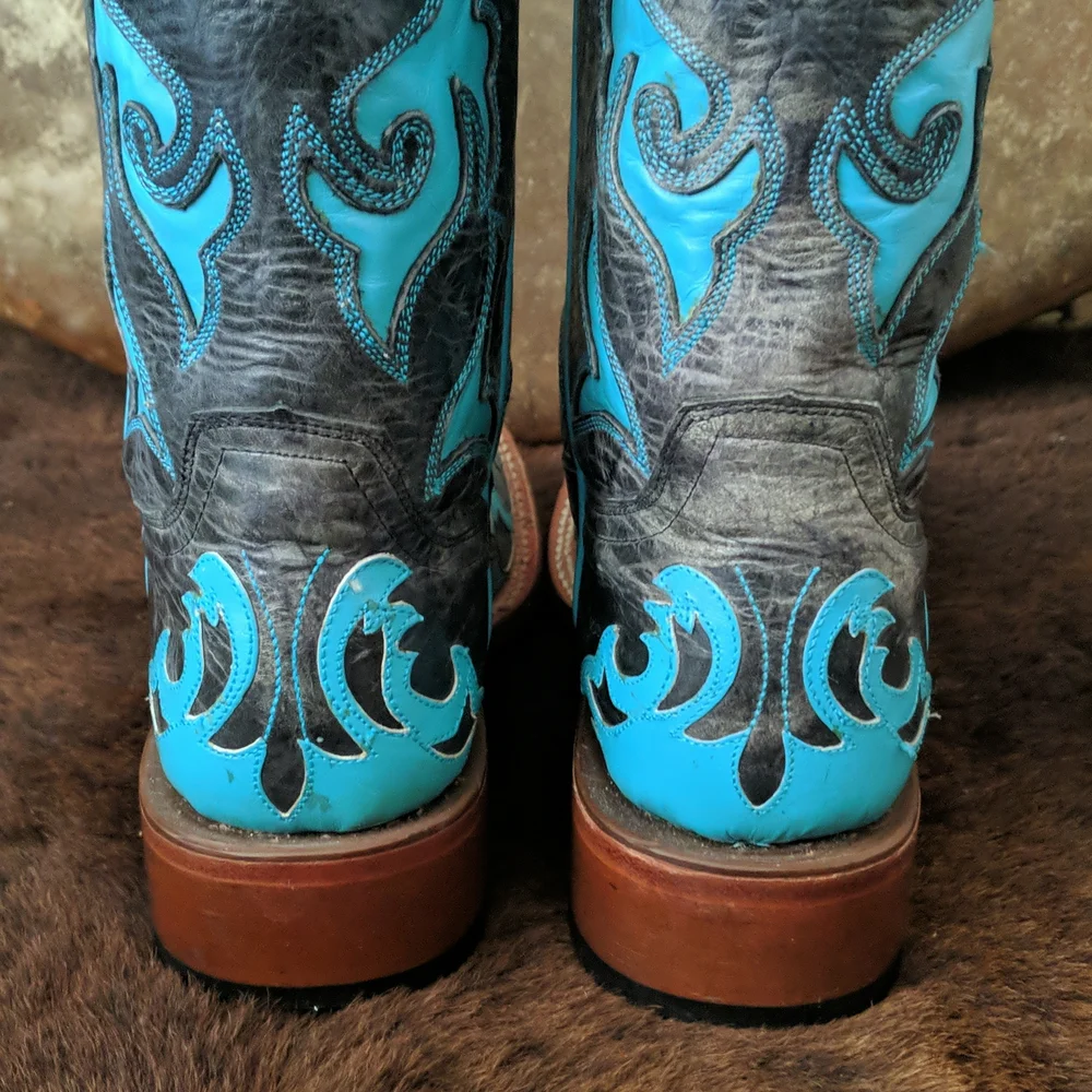 JOHNNY RINGO E1385 charcoal gray & turquoise wing tip boots square toe sz 6.5B - Picture 12 of 16